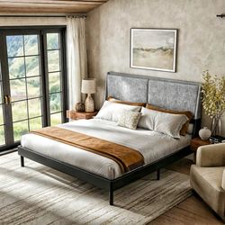 King Bed Frame with Tall Double Backrest, Noise-Free Metal Platform & Linen,Grey