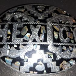 Beautiful Silver Black Mother Of Pearl Belt Buckle  Mexico