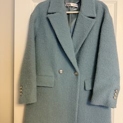 ZARA Sky Blue Textured Long Coat