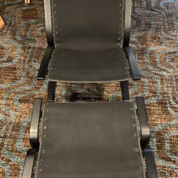 RH Restoration Hardware Style Suspended Black Wooden & Fabric Chair and Ottoman!