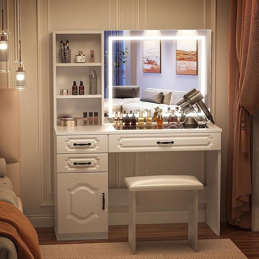 Vanity with Lighted Mirror - 45" Makeup Vanity Desk with Glass Top, Power Strip, Drawers and Shelves, 3 Color Lighting Modes Adjustable Brightness, Va