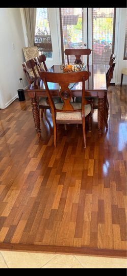 Ethan Allen table with six chairs and matching buffet