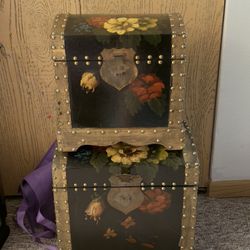 Vintage Hand-Painted Wooden Trunks – Floral Design (Set of 2)