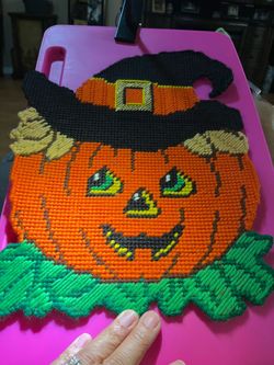 Vintage Large Halloween Pumpkin Jack O’ Lantern Needle Point Plastic Canvas Hanging