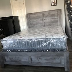New Wood Rustic Queen Bed Frame With Mattresses Included!