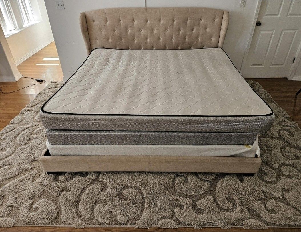 Beige Upholstered Bed Frame with Mattress
