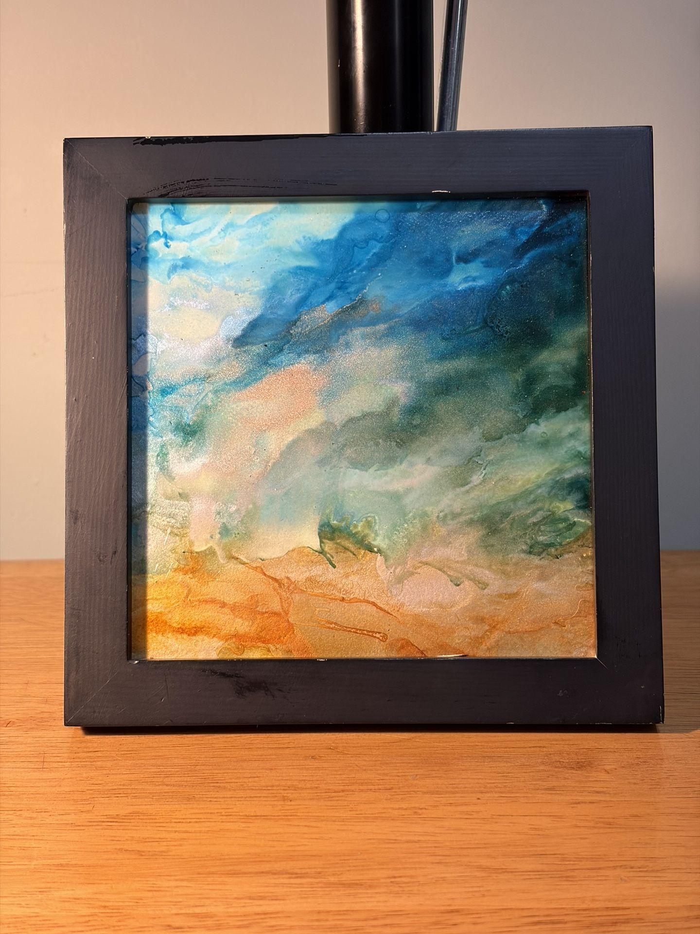 7 Inch Wood Framed Artist Painted Ceramic Tile