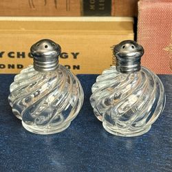 Vintage Irice NY Crystal Swirl Cut Glass Salt And Pepper Shakers Chrome Tops