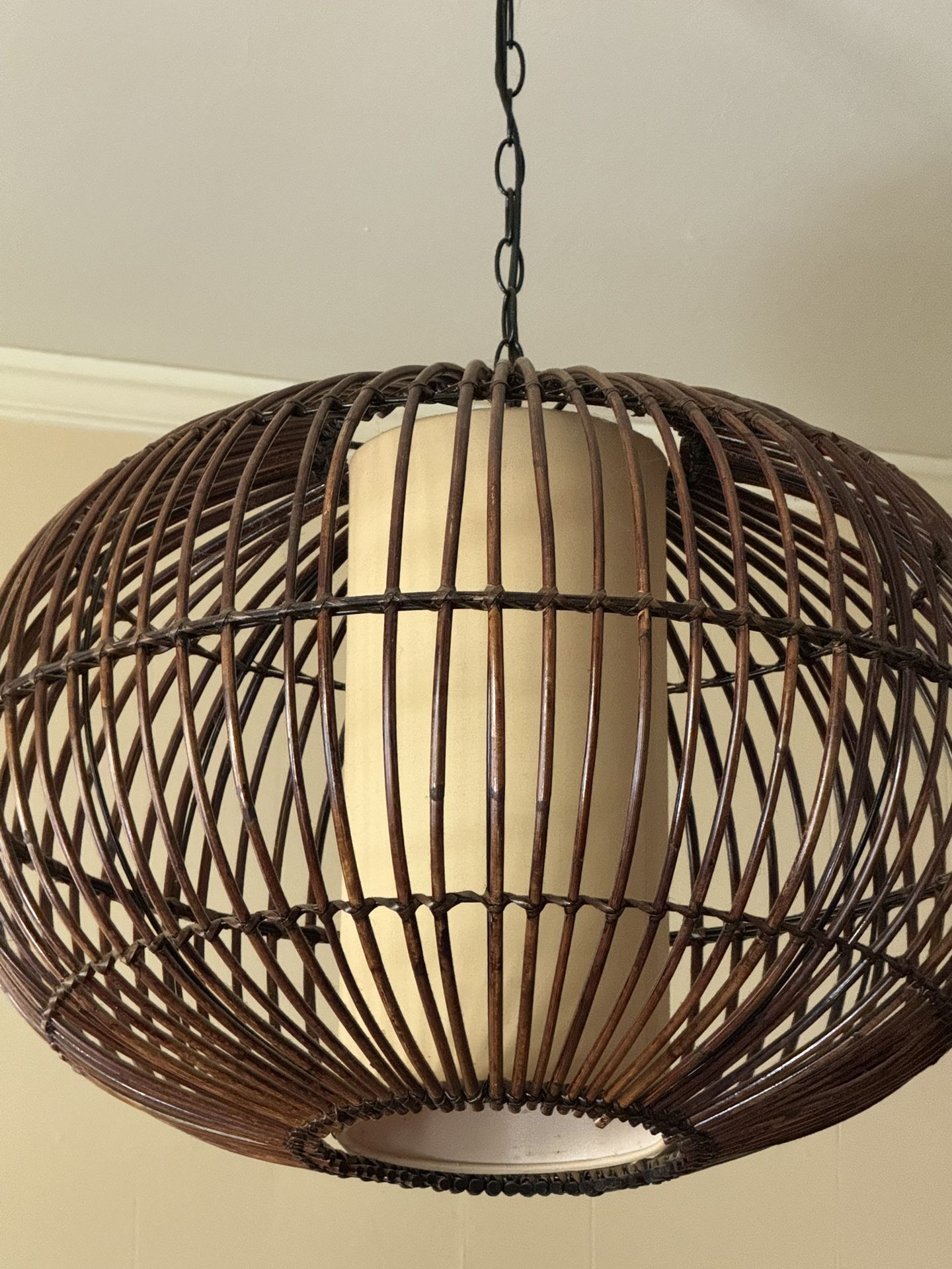 vintage mcm rattan cage pendant chandelier with interior shade after franco albini