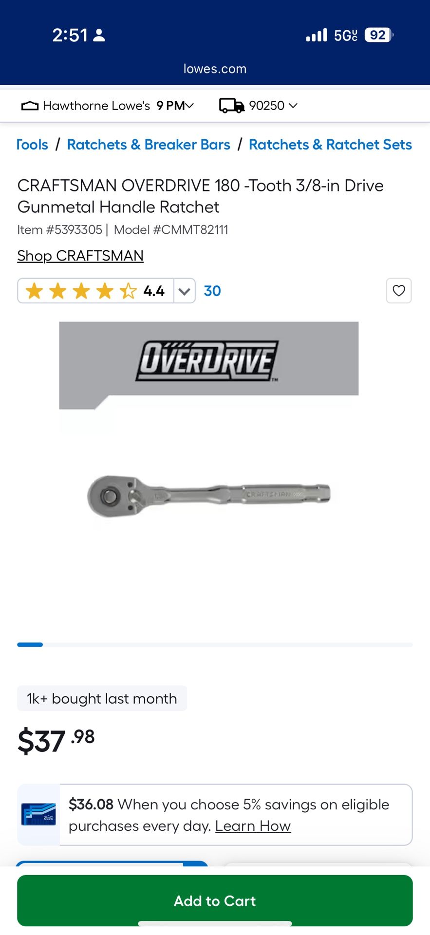 CRAFTSMAN OVERDRIVE 180 -Tooth 3/8-in Drive Gunmetal Handle Ratchet