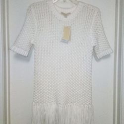MICHAEL KORS White Fringe Trim Knit Sweater - Sz S NWT $155 Retail