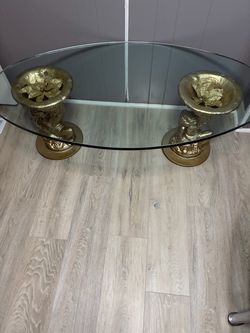 Oval Glass Coffee Table with Cherub Figural Bases