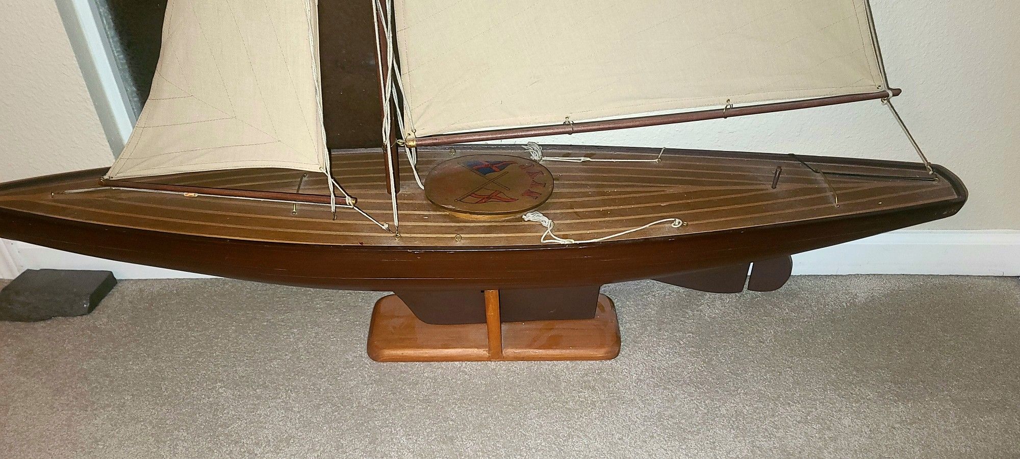 Large scale Pond yacht handcrafted from timber, cotton sails, stand