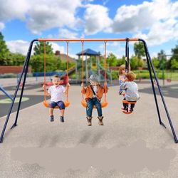 Swing Set Metal Backyard Playground with 2 Seats with 1 Seesaw Play Set 440lbs Capacity