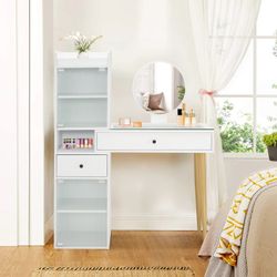 Barberpub #3375 White Vanity Desk With Mirror, Glass Top And Frosted Shelves
