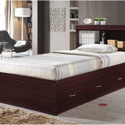 Twin Bed  Hodedah Storage Bed with Bookcase Headboard, Mahogany