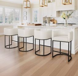 LUE BONA Counter Height Bar Stools Set of 4, Modern Barrel Counter Stools with Backrest and Arms, Black Metal Frames, Faux Leather Upholstered Accent 
