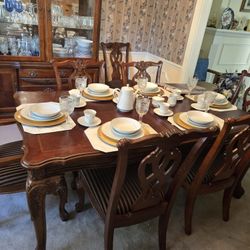Ashley Millenium Solid Wood Table With (8) Upholstered Chairs And Lighted China Cabinet