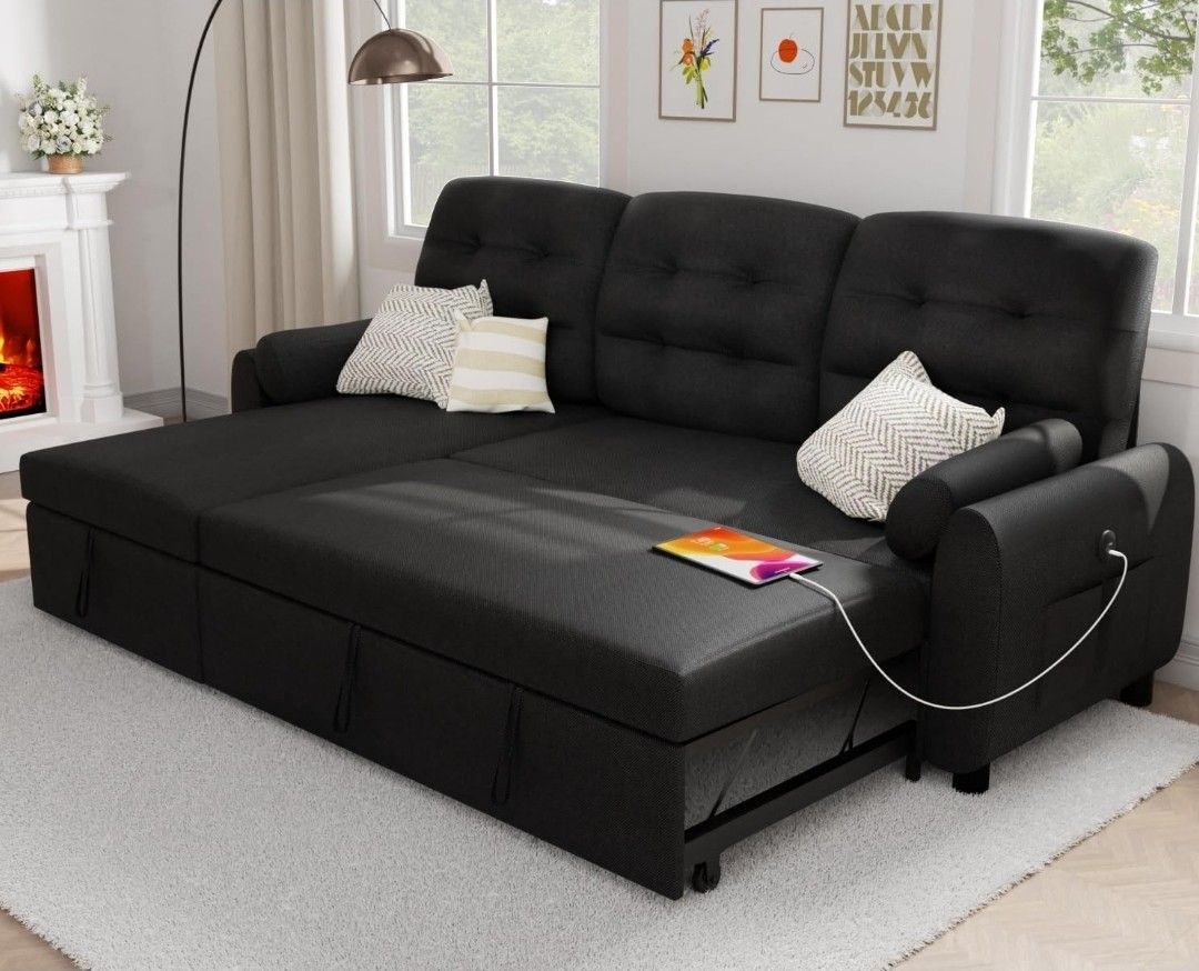 Sectional Sofa Couch, 87" Sleeper Sofa Bed with Reversible Storage Chaise Pull Out Couch
