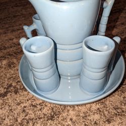 Frankoma Pottery Lazy Bones  Robin Egg Blue Demitasse 1950s Frankoma Pottery Pitcher & 4 Mugs - Set of 6