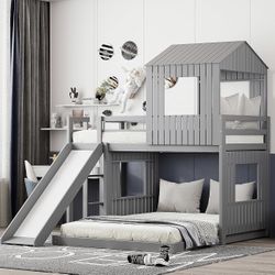 Wooden Twin Over Full Bunk Bed, Loft Bed with Playhouse, Farmhouse, Ladder, Slide and Guardrails, Gray  Put your best offer!  [Playhouse inspired Styl