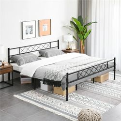 Metal Platform Bed Frame with Headboard and Footboard, King Size, Black
