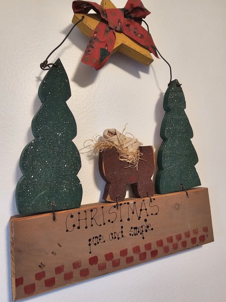 $10.00 - 10.25" Christmas Wood Sign Wall Art, "Christmas pure and simple"!  Baby Jesus at Center/Wood, Paper Mache, Fabric Ribbon!