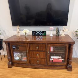 Solid Wood Entertainment Center with Glass Cabinets & Drawers