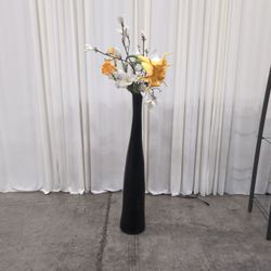 Tall Black Ceramic Vase with Artificial Flowers