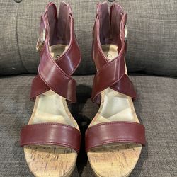 Guess Platform Cork Open Toe Wedge Burgundy Leather Ankle Strap Sandals 6M