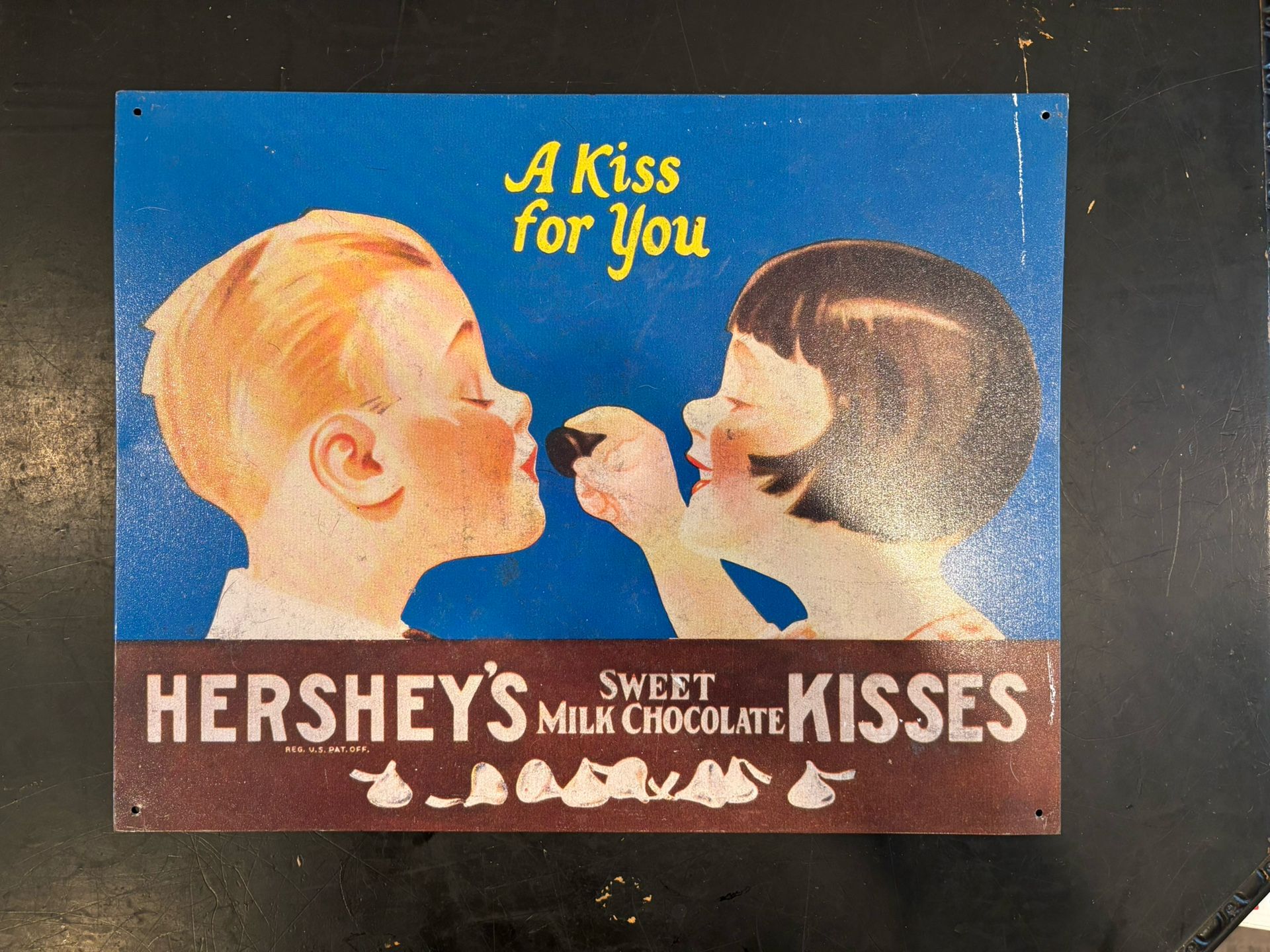 Hershey's Kisses "A Kiss For You" Metal Sign 1999 Boy & Girl 12x16