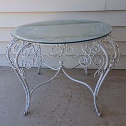 Metal White Fancy Side Table W/Glass Top, Patio Furniture, Patio Yard Garden Decor