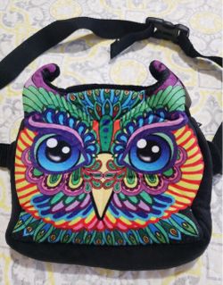 NWT Vibrant Colorful Owl Face Print Belt Bag/ Fanny Pack With Soft Plush Black Fabric!