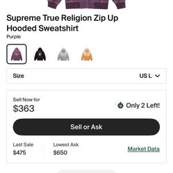 Supreme Collaboration w/ True Religion Purple Zip up hooded sweatshirt Limited edition