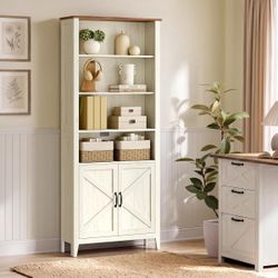 Farmhouse Bookshelf, 6-Tier Bookcase with Doors Bookshelf For Living Room, Bedroom, Farmhouse Style, Cloud White and Warm Brown, LIRY Collection ULBC1