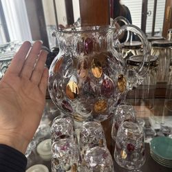 Borske Sklo Nemo Coin Dot Art Glass Pitcher and glasses