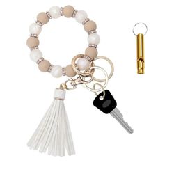 Beige Beaded Bracelet Keychain with Tassel & Whistle