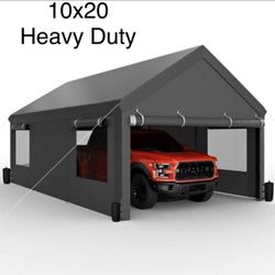 New 10x20ft Carport, Reinforced Steel Poles with Removable Sidewalls and Doors, Roll-Up Windows 