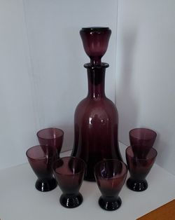 Vintage Amethyst Purple Cordial Decanter and Glasses Set