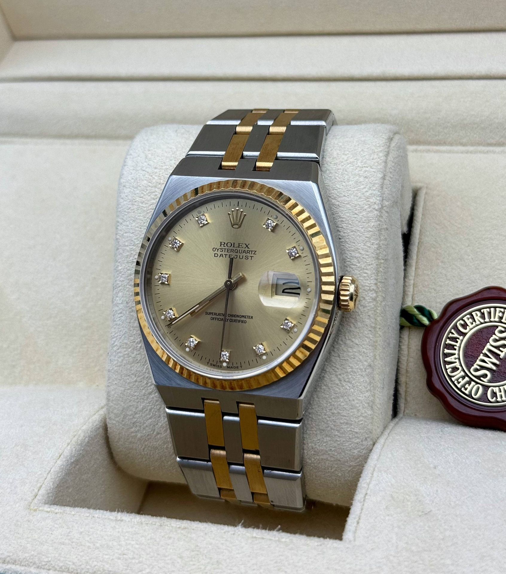 1989 Rolex Datejust OysterQuartz 17013 36mm stainless steel 18k yellow gold bracelet factory diamond dial fluted bezel watch box appraisal