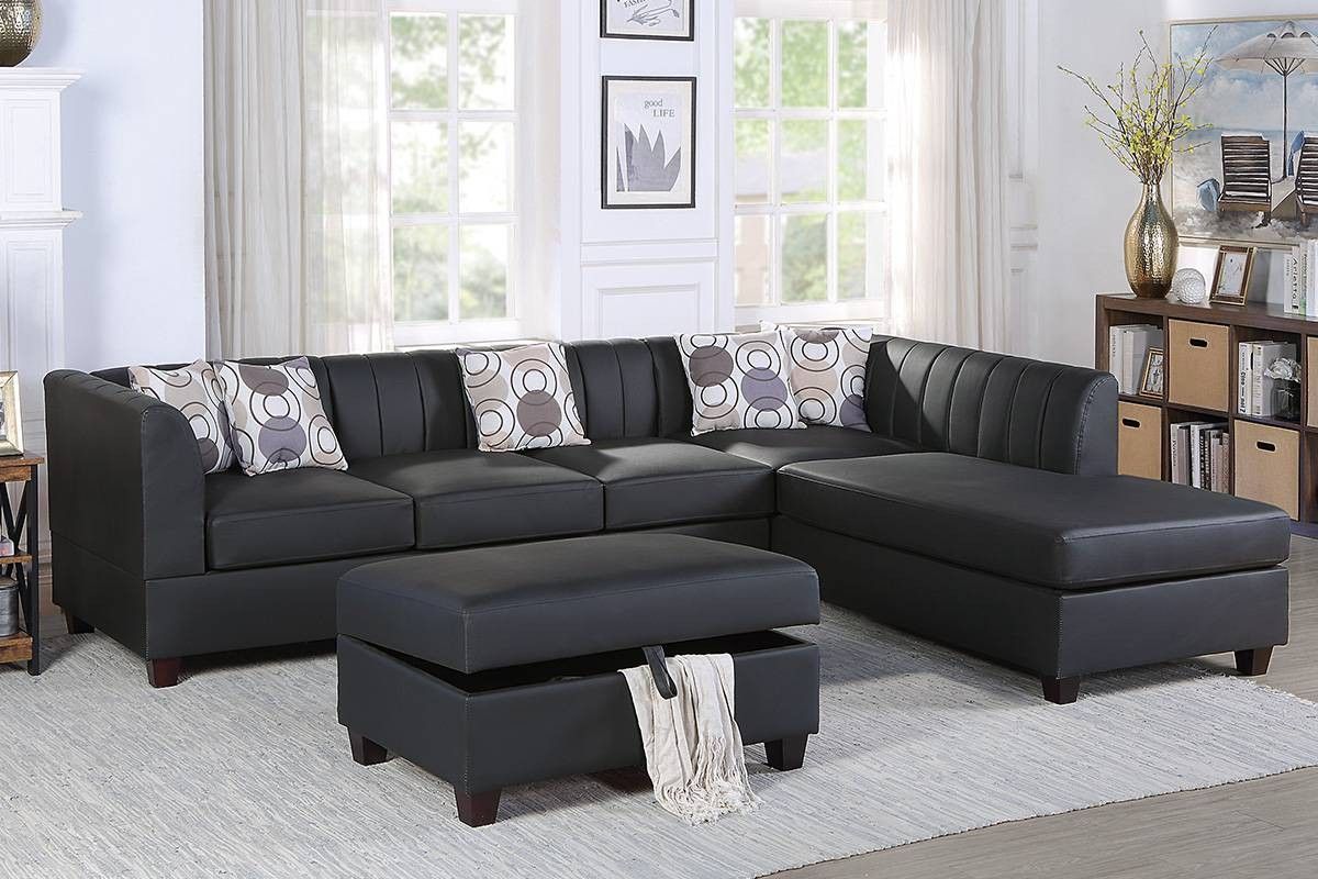 Brand New Black Leather Reversible Sectional Sofa With Storage Ottoman