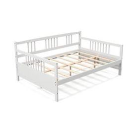 Full Size Metal Daybed Frame with Guardrails, White