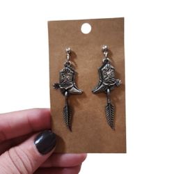Vintage 1992 Silver Toned Boots Spurs Feather Drop Dangle Earrings 2"
