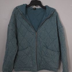 Wild Fable Women Quilted Zip Hoodie Jacket Teal Green Washed Free People Dupe