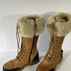 Lauren Ralph Lauren Duck Mid-Calf Boots Nubuck Leather Outer /Shearling Inner Waterproof Good Condition 