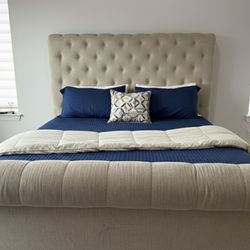 King Size Tufted Sleigh Bed Frame - Beige Linen