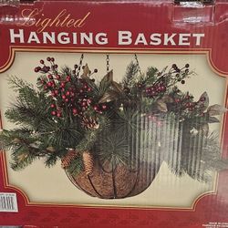 VNTG Artificial Light Up Christmas Hanging Basket W / Pine Cones Holly
