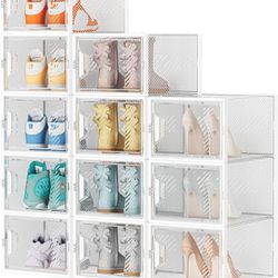 Shoe Storage, 12 Pack X-Large Shoe Organizer for Closet, Shoe Boxes Clear Plastic Stackable Shoe Storage Boxes for Size 13