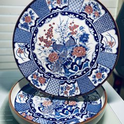 Set of 2 VTG TOYO 12 1/4" & 12" COBALT BLUE/ WHITE/RED PEACOCK PLATES-JAPAN