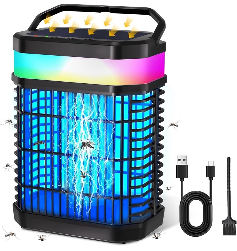 Solar Bug Zapper Outdoor Indoor, Rechargeable Mosquito Zapper with RGB Light, Portable Pest Control Fly Zapper, USB Cordless Fly Traps, 4000V